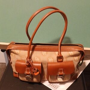 Dooney & Bourke Tan Logo Canvas Shoulder Bag with Brown Leather Accents